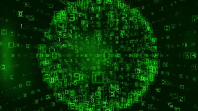 Matrix style green binary code forms a glowing sphere on a dark background digitally