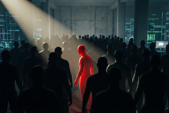 Vibrant red silhouette illuminated by spotlight in crowd of black figures