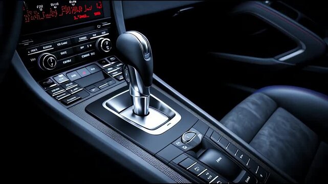 Dramatic low-key lighting highlights the sleek automatic gear shift on the center console of a modern luxury sports car's dark interior.
