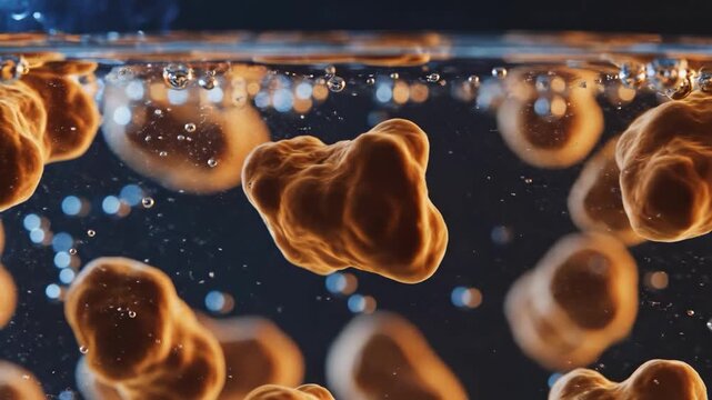 Close-up of golden donuts floating in dark liquid with bubbles