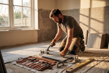 A male craftsman kneels on the floor and uses a manual tile cutter during renovation