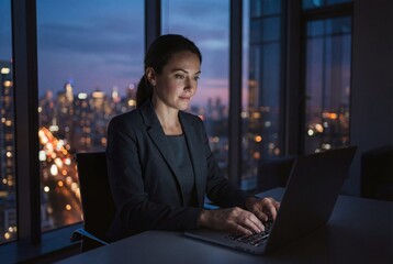 Fototapeta premium A dedicated businesswoman in a suit works late on a laptop in a high rise office at night