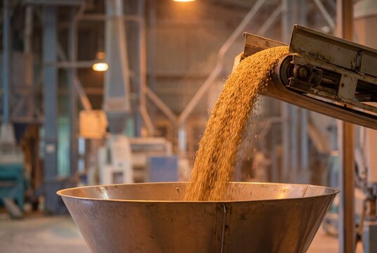Industrial conveyor belt pouring golden grains into a large metal hopper inside a factory