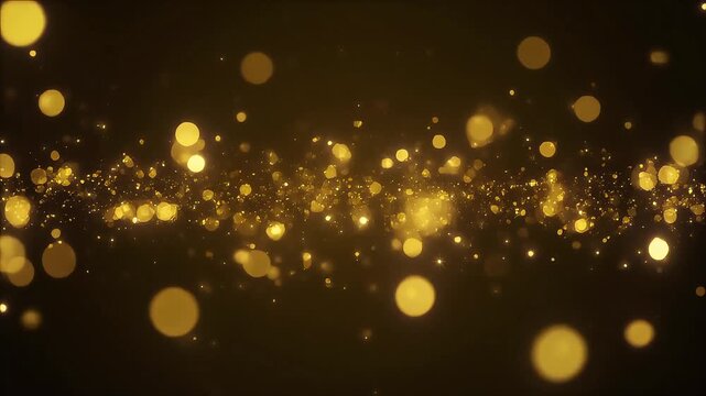 Luxury gold bokeh lights drifting on dark background with glowing glitter shimmer. Elegant festive sparkle animation for wedding, celebration and premium 4K loop.