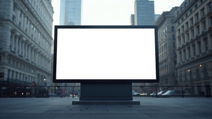 Obraz premium Large digital billboard mock up with blank screen in urban setting, surrounded by modern buildings and cityscape, ideal for advertising display