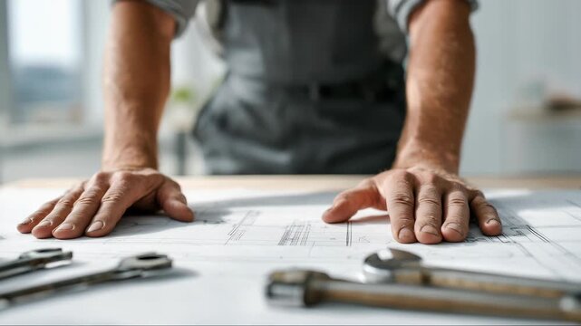 Construction planning with worker reviewing blueprint