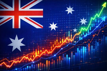 Australian flag background with colorful stock market graph and rising arrows indicating economic growth and financial success  business and finance concept JPG image