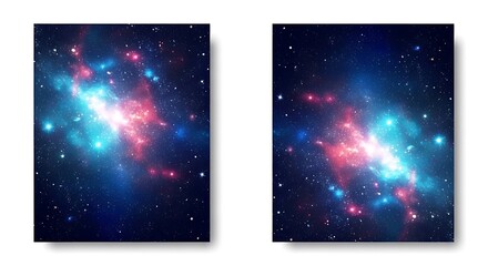 Obraz premium A stunning space-themed diptych featuring vibrant blue and pink nebulae amidst a dense field of twinkling stars and distant galaxies in the deep dark cosmos.