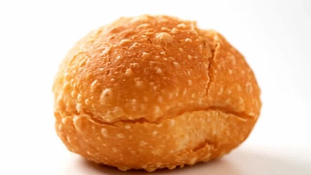 Close-up of a perfectly golden brown deep-fried savory puff pastry or bread roll isolated against a pure white background in a studio shot