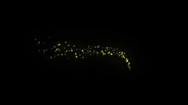 Glowing golden glitter trail animation, magical sparkle dust, twinkling glitter stars animation, flat vector doodle sparkles, shimmer particles motion, star line path on black screen background. 4k