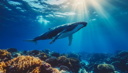 Fototapeta premium World Wildlife Day Underwater Scene with Humpback Whale Swimming Above Coral Reef in Golden Sunlight