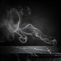 Marble surface with wisps of smoke against a dark backdrop