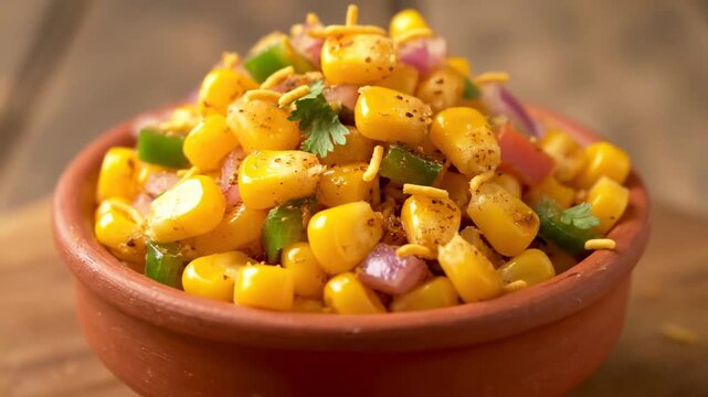 Masala Sweet Corn Chaat in a Terracotta Bowl. Close-up of Bhutte ka Kees, a popular spicy Indian street food and appetizer served on a wooden background.