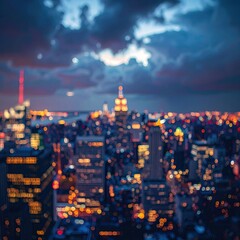 Abstract aerial view of a vibrant cityscape at dusk with twinkling lights