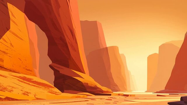 A desert scene with a large rock formation and a large rock. The sky is orange. Stylized canyon scene, angular rock formations, warm sunset gradient, mid century modern landscape minimalist style