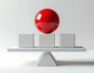 Red sphere balanced atop three cubes on a fulcrum