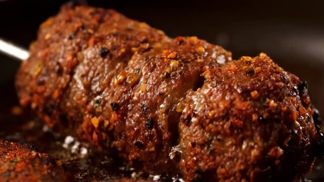 Close-up Macro Shot of Spicy Seekh Kebab Grilling on a Skewer, Showing Rich Seasoning, Charred Meat Texture, and Delicious Middle Eastern Cuisine.