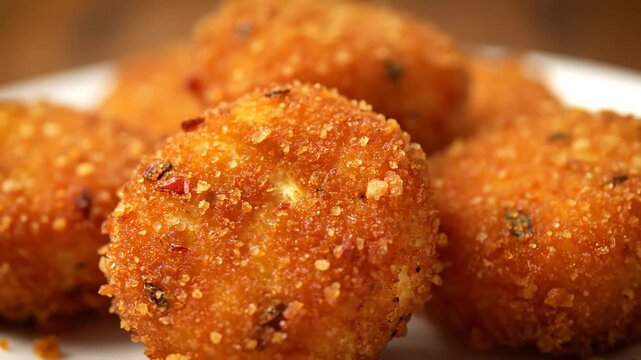 Macro shot of golden crispy deep-fried appetizers seasoned with salt and spices. Delicious savory snack food, such as Arancini, Croquettes, or cheese balls, served hot on a plate.