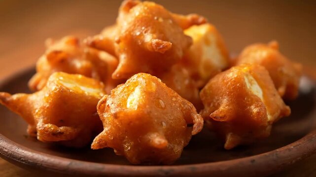 Macro Close-up of Traditional Deep Fried Sweet Fritters (Bonda or Gulab Jamun) Piled on a Rustic Clay Plate. Indian Snack or Dessert Cuisine.