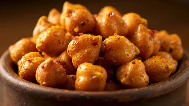 Delicious and spicy Indian savory snack (Namkeen or Masala Chana) piled high in a rustic dark earthenware bowl, extreme close-up detail.