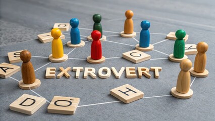 Obraz premium Extrovert concept with colorful wooden people figures and network connections, social communication and teamwork psychology, personality type, community interaction, leadership and collaboration