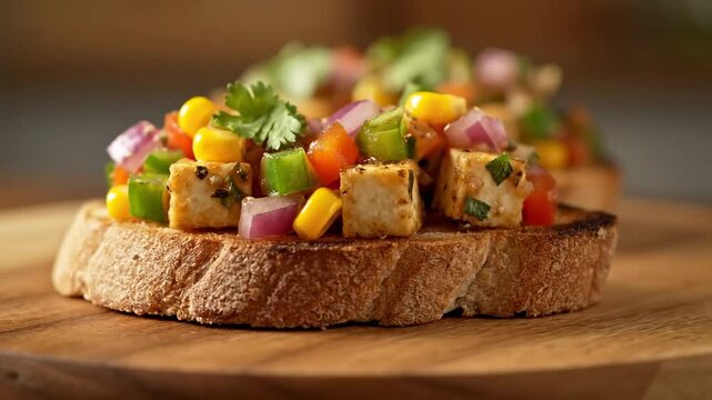 Close-up of colorful savory toast topped with diced vegetables, corn, red onion, green peppers, and seasoned tofu cubes, served on a wooden cutting board.