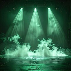 Stage lit by three green spotlights, creating dramatic shadows and fog