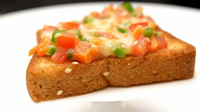 Close-up of savory cheese toast topped with melted mozzarella, diced tomatoes, green bell peppers, and fresh vegetables served on a white plate for breakfast or snack.