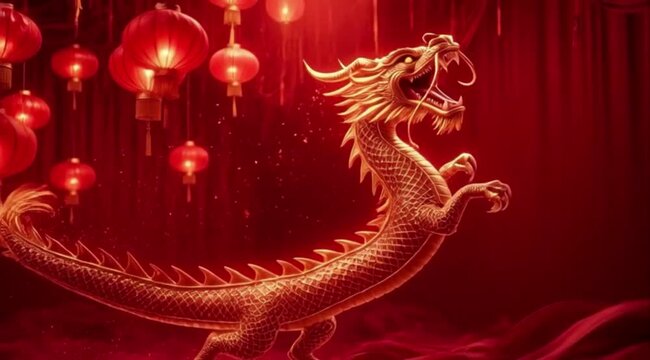 Illustration of a golden flying dragon on a red background with a Chinese New Year theme