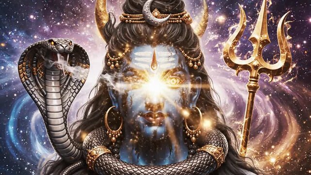 Lord Shiva deity portrait with cobra, trident and cosmic background