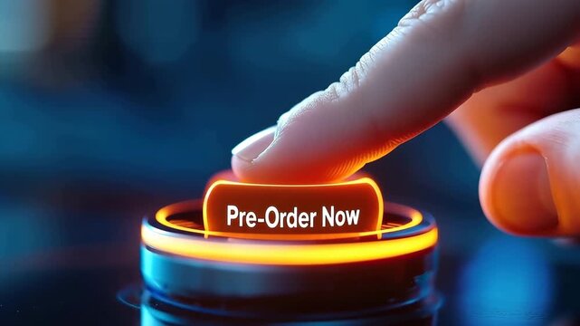 Close Up of Finger Pressing Glowing Orange Button Labeled Pre Order Now Illuminated with Futuristic Anticipation for Product Launch, Symbolizing Urgency and Innovation in Advanced Technology