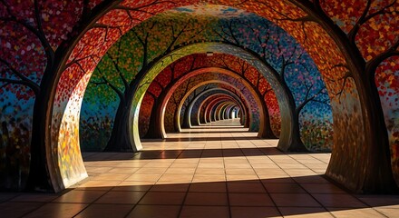 A vibrant, colorful tunnel painted with stylized trees and foliage, leading to a bright horizon