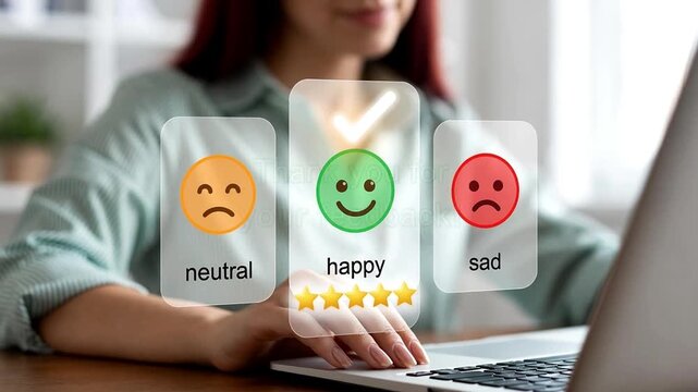 Woman giving feedback on laptop with emoticons.