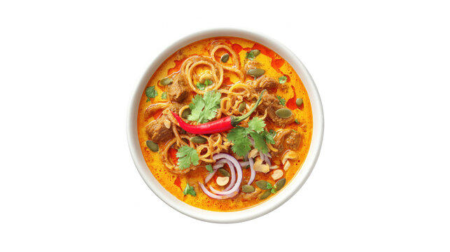 Top view of a bowl of spicy red curry noodle soup with meat, cilantro, and chili on white background.