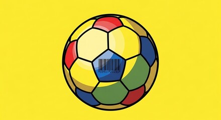 A vibrant soccer ball featuring colorful panels and a barcode symbol set against a yellow backdrop