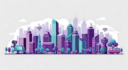 A vibrant, stylized illustration of a modern cityscape with buildings, trees, and technology