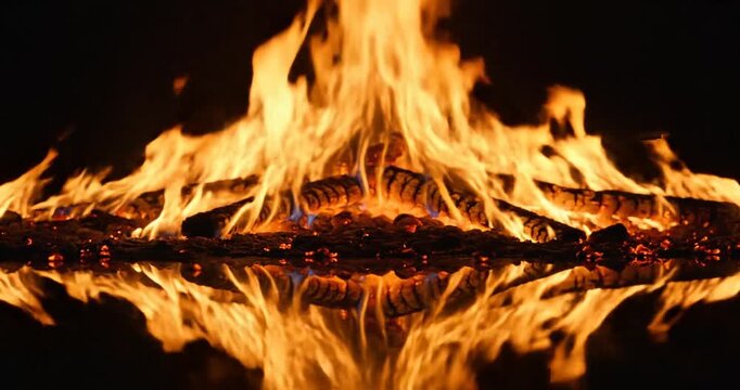Vibrant flames burning intensely on a dark reflective surface.