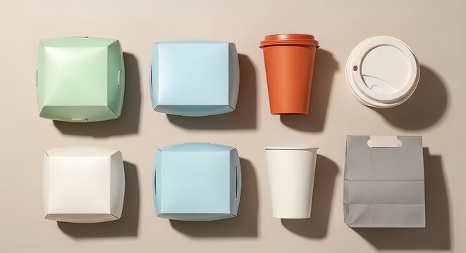Disposable Coffee Cups and Containers Arranged.