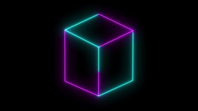 Glowing looping pentagonal neon square frame effect, black background. Technology Sign, Colorful Neon Figure On Black Background. neon glowing square concept.