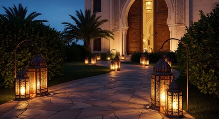 Fototapeta premium Elegant evening scene of a grand entrance with lanterns and palm trees