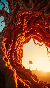 Gnarly grain twisted like ancient runes, bathed in an electric, hyperreal glow ,  abstract,  surreal