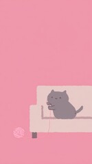 Gray cartoon cat sitting on a light-colored couch with a ball of yarn on a pink background, playful and whimsical illustration