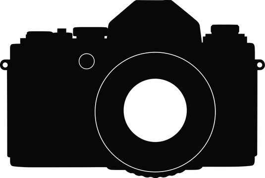 Classic black and white outline of a vintage single-lens reflex camera body with a large centered lens element.