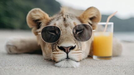Obraz premium Lion wearing sunglasses relaxes on sandy beach next to a glass of orange juice with a straw, tropical scenery in the background