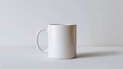 Obraz premium Plain white ceramic coffee mug with handle on a white surface, minimalist aesthetic