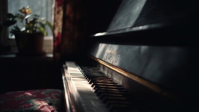 Panning view of a beautiful antique piano with perfect white and black keys with cinematic light coming in from a window of the livingroom background