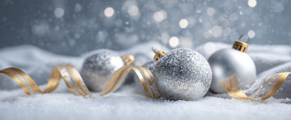 Luxury holiday flat lay with silver spheres, gold ribbon, matte snowy surface and soft cinematic bokeh, 32k