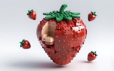 Fototapeta premium Lego strawberry model detailed red fruit with green top and golden