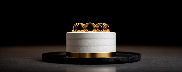 Luxury minimalist cake with pure gold candle holder rings, high-contrast spotlight 32k ultra HD