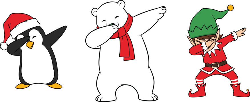 Cartoon Christmas characters illustration with penguin, polar bear, and elf performing dab dance pose, festive holiday humor, and playful celebration